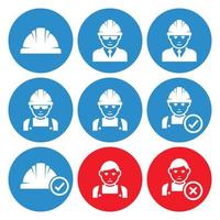 iconos de casco de trabajo. hombre con casco. blanco sobre un fondo azul y rojo vector