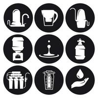 Water treatment, filter icons set. White on a black background vector