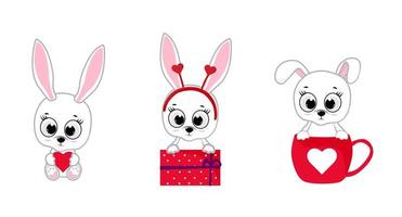 Set cute bunny. Bunny on gift box, in cup, with heart.Design element for greeting cards, love banner, decor vector