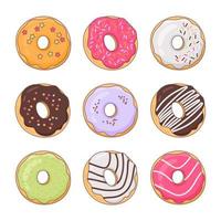 donas colorido juego de donuts con diferentes glaseado sobre un fondo blanco. ideal para decorar cafeterías, menús, cajas de reparto. vector. vector