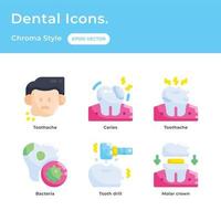 Dental care icons set with flat color style with toothache, caries, bacteria, tooth drill, molar crown vector