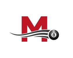 letra m billar o diseño de logotipo de juego de billar para sala de billar o plantilla de vector de símbolo de club de billar de 8 bolas
