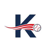letra inicial k concepto de logotipo de béisbol con plantilla de vector de icono de béisbol en movimiento