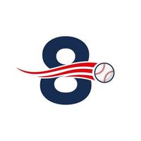 letra inicial 8 concepto de logotipo de béisbol con plantilla de vector de icono de béisbol en movimiento