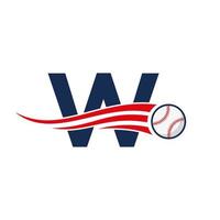letra inicial w concepto de logotipo de béisbol con plantilla de vector de icono de béisbol en movimiento
