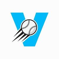 letra inicial v concepto de logotipo de béisbol con plantilla de vector de icono de béisbol en movimiento