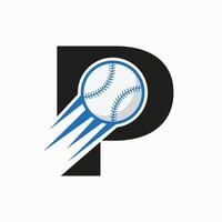 letra inicial p concepto de logotipo de béisbol con plantilla de vector de icono de béisbol en movimiento