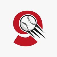 letra inicial 9 concepto de logotipo de béisbol con plantilla de vector de icono de béisbol en movimiento