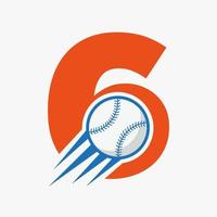 letra inicial 6 concepto de logotipo de béisbol con plantilla de vector de icono de béisbol en movimiento