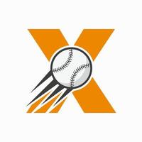 letra inicial x concepto de logotipo de béisbol con plantilla de vector de icono de béisbol en movimiento