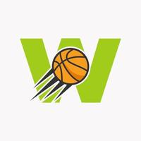 letra inicial w concepto de logotipo de baloncesto con icono de baloncesto en movimiento. Plantilla de vector de símbolo de logotipo de baloncesto