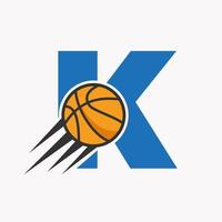 letra inicial k concepto de logotipo de baloncesto con icono de baloncesto en movimiento. Plantilla de vector de símbolo de logotipo de baloncesto