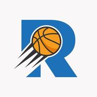 letra inicial r concepto de logotipo de baloncesto con icono de baloncesto en movimiento. Plantilla de vector de símbolo de logotipo de baloncesto