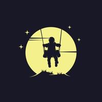 niño jugar columpio en el logotipo de la luna vector