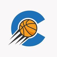 letra inicial c concepto de logotipo de baloncesto con icono de baloncesto en movimiento. Plantilla de vector de símbolo de logotipo de baloncesto