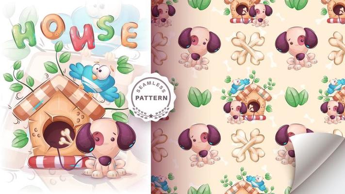 Seamless Pattern cartoon character adorable dog and bird, pretty animal idea for print t-shirt, poster and kids envelope, postcard. Cute hand drawn style puppy