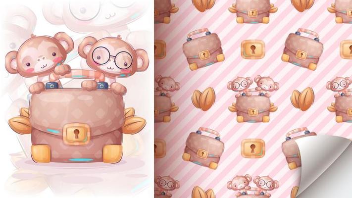 Seamless pattern cartoon character adorable monkey with briefcase, pretty animal idea for print t-shirt, poster and kids envelope, postcard. Cute hand drawn style monkey