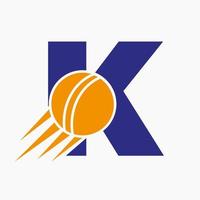 concepto de logotipo de cricket de letra k con icono de bola de cricket en movimiento. plantilla de vector de símbolo de logotipo de deportes de cricket