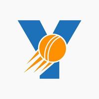 concepto de logotipo de letra y cricket con icono de bola de cricket en movimiento. plantilla de vector de símbolo de logotipo de deportes de cricket