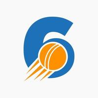 concepto de logotipo de cricket de letra 6 con icono de bola de cricket en movimiento. plantilla de vector de símbolo de logotipo de deportes de cricket