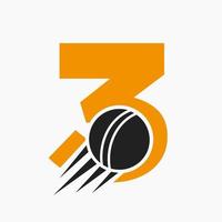 concepto de logotipo de cricket de letra 3 con icono de bola de cricket en movimiento. plantilla de vector de símbolo de logotipo de deportes de cricket