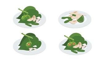 conjunto vectorial de hojas de betel y clipart de nuez de areca. boda vietnamita verde betel areca ilustración vectorial plana. concepto de ceremonia de boda tradicional vietnamita. pegatina roja significa doble felicidad vector