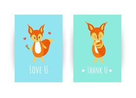 Greeting cards with squirrels. Cards for those who are in love and want to say thank you. Vector illustration