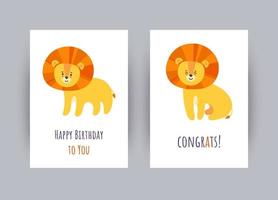 Greeting cards with lions. Happy birthday set. Vector illustration