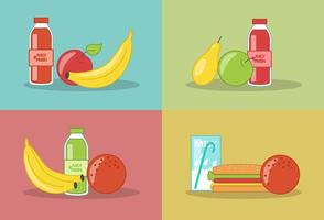 comida de lonchera. jugo, leche, frutas y sándwich. ilustración vectorial en estilo de dibujos animados vector