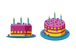 Birthday cake in two views. Cream cake with candles and berries for a party ot celebration. Vector illustration