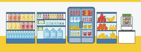 supermercado. estanterías y frigoríficos con alimentos. ilustración vectorial en estilo de dibujos animados vector