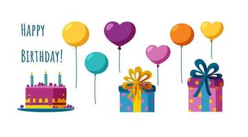 accesorios de cumpleaños en conjunto colorido. todo lo que necesitas para un feliz cumpleaños. ilustración vectorial vector
