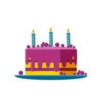 Birthday cake on bright blue plate. Cream cake with candles and berries for a party ot celebration. Vector illustration