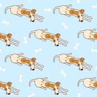 Jack russel terrier lying on the floor, ready to play. Doggy seamless pattern with bones. Vector illustration in cute cartoon style