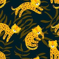 Jungle seamless pattern with leopards. Tropical vector illustration in flat style