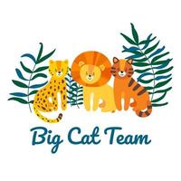 Big cat team with leopard, lion and tiger. Isolated vector illustration in flat style