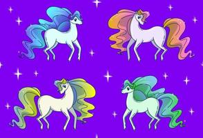 Horse pattern. Fairy horses shining like a brilliant on violet background. Pattern for textile, fabric and paper. Vector illustration in cute cartoon style