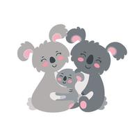 familia de koalas. padres abrazando a su hijo. ilustración vectorial en estilo plano vector