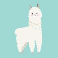 Cute standing lama on the turquoise background. Vector illustration in cartoon style