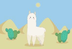 Fluffy lama in the desert with cactuses and sandy dunes under midday sun. Vector illustration in cute cartoon style