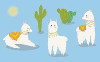 Set of cute standing and lying lamas and cactuses on a blue background. Vector illustration in cartoon style