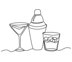 Cocktail glasses and shaker line art. International Bartender's Day. 6 February.  Template for background, banner, card, poster with text inscription. Vector Continuous line illustration