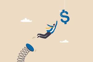 Pay raise, opportunity for more salary, income or investing profit, wages, chasing for earning, challenge or risk, motivation concept, confidence businessman jumping to catch dollar sign money. vector
