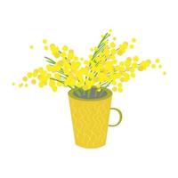 Nice yellow mug with a bouquet of yellow mimosa flowers. Flat illustration on isolated background.Vector vector