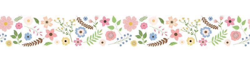 Vector spring flowers, leaves, and berries seamless border pattern. Isolated on white background. Multicolored garden flowers in row. Design for stickers, labels, and banners
