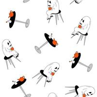 seamless pattern of Halloween hand-drawn ghosts sit on chairs at the table and drink tea vector