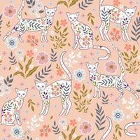 Seamless light pattern with elegant cats and flowers. Vector graphics.