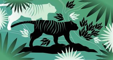 Tiger and leaf background design vector with green color concept