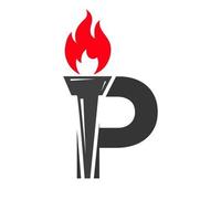 Initial Letter P Fire Torch Concept With Fire and Torch Icon Vector Symbol