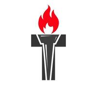 Initial Letter T Fire Torch Concept With Fire and Torch Icon Vector Symbol